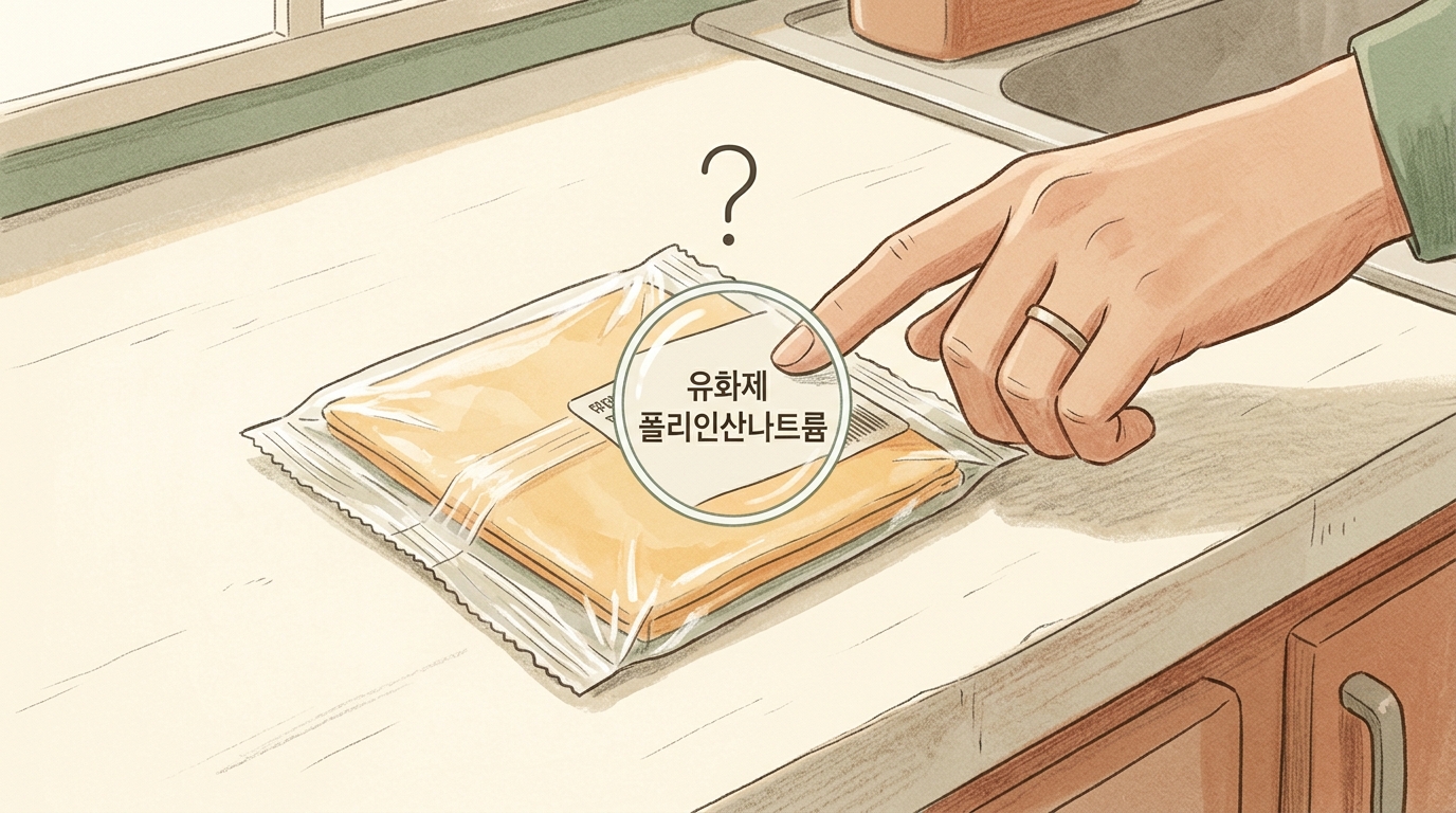 가공치즈 슬라이스 성분표의 '유화제(폴리인산나트륨)'에 멈춘 엄마의 손과 물음표