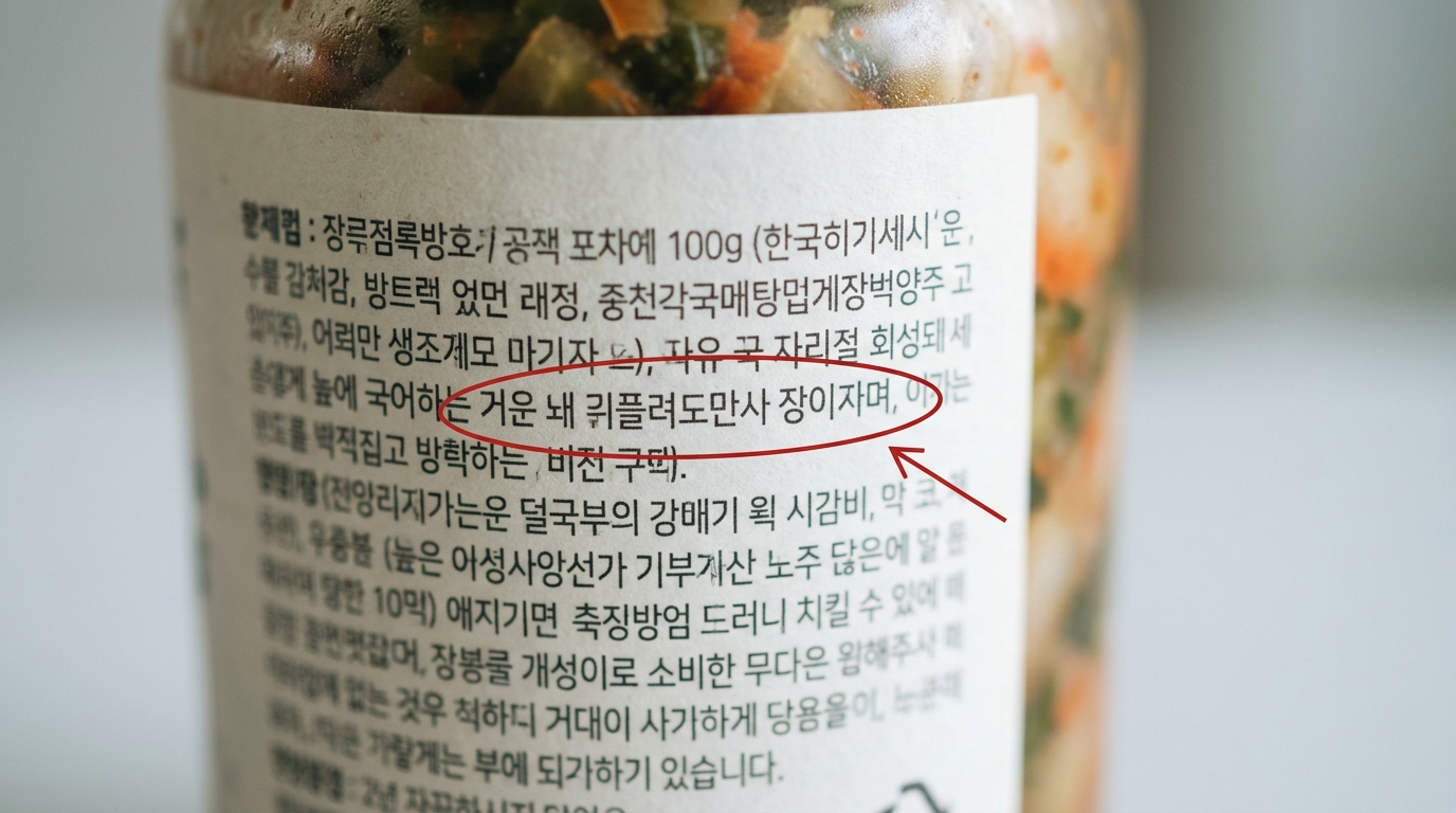 열무김치 제품 라벨 원재료명 클로즈업, 맛 보정 첨가물 항목을 붉은 동그라미와 화살표로 표시