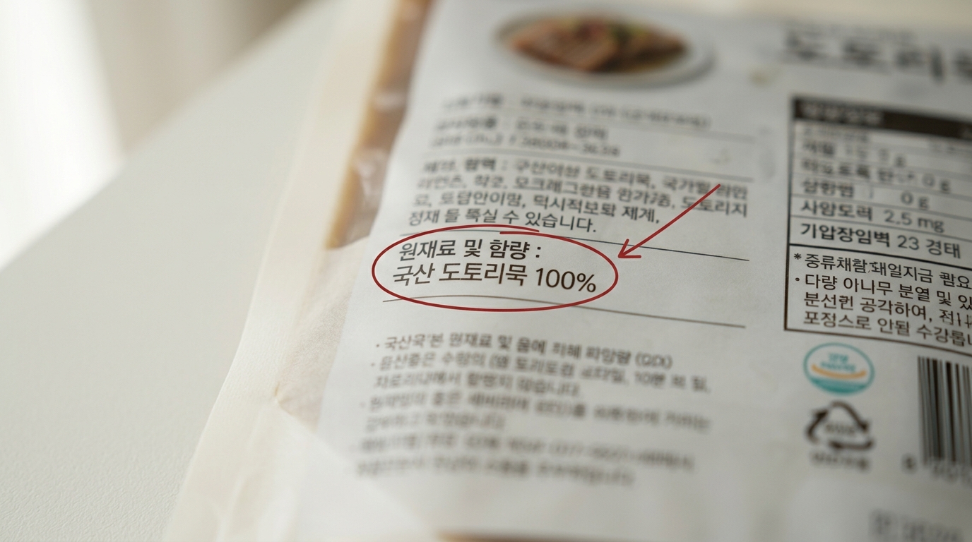 도토리묵 제품 뒷면 라벨 접사 — 원재료명 항목에 '도토리전분' 한 줄만 표기된 무첨가 라벨