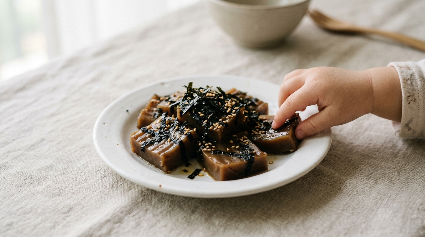 참기름과 김가루만 넣어 무친 도토리묵 무침 한 접시 — 아이 밥상용 무첨가 반찬