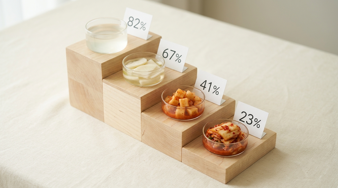 물김치에서 깍두기까지 무첨가율이 단계적으로 낮아지는 계단 도식, 각 계단에 퍼센트 숫자 표기