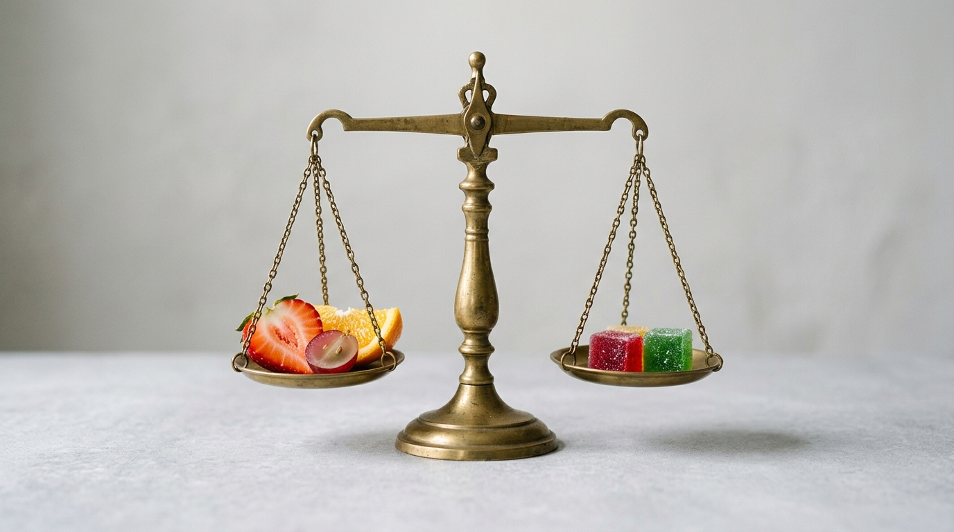신선한 과일 조각과 아기 젤리 제품을 좌우 양쪽에 놓고 저울로 비교하는 차분한 에디토리얼 스타일 정물 사진
