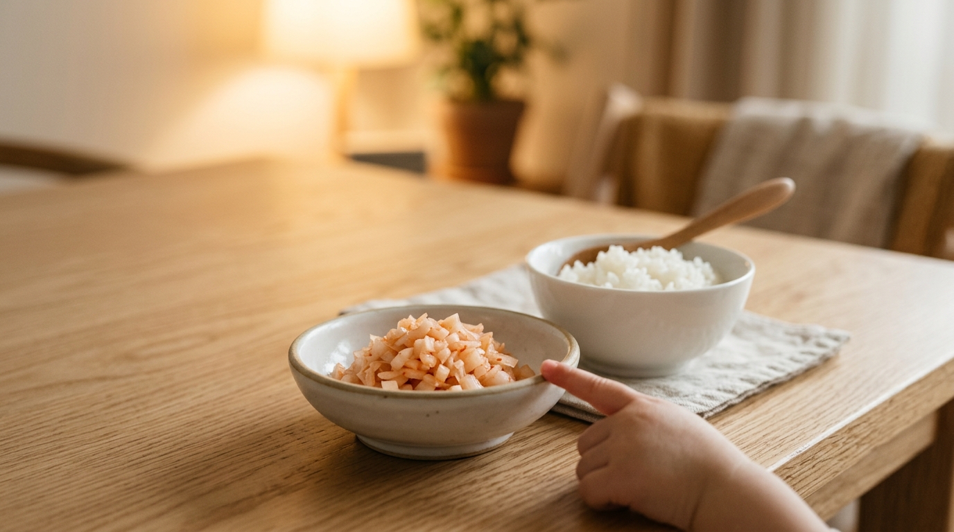 아이 밥그릇 옆에 헹궈 잘게 썬 김치를 담은 작은 종지, 따뜻한 식탁 조명의 마무리 컷