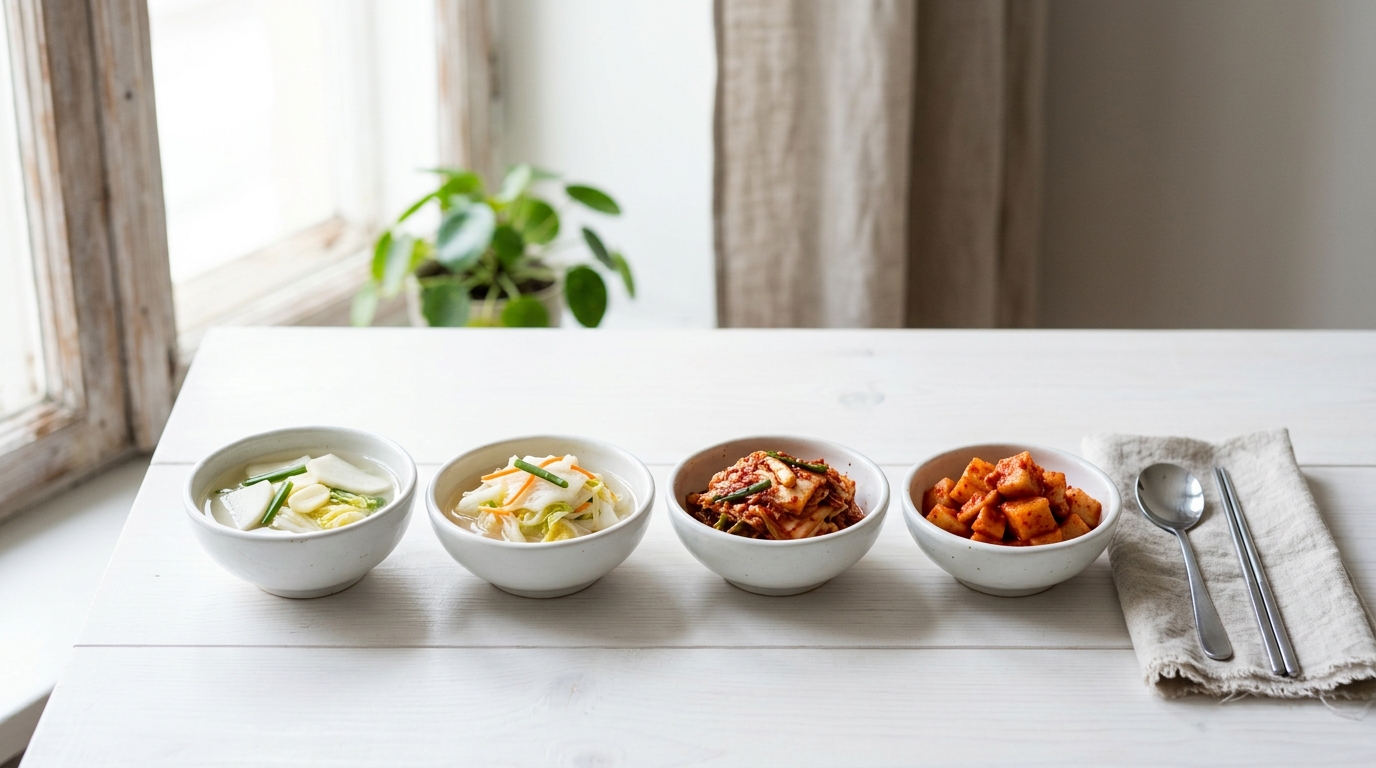 물김치, 백김치, 배추김치, 깍두기를 작은 그릇에 나란히 담은 밝은 식탁과 아이 수저