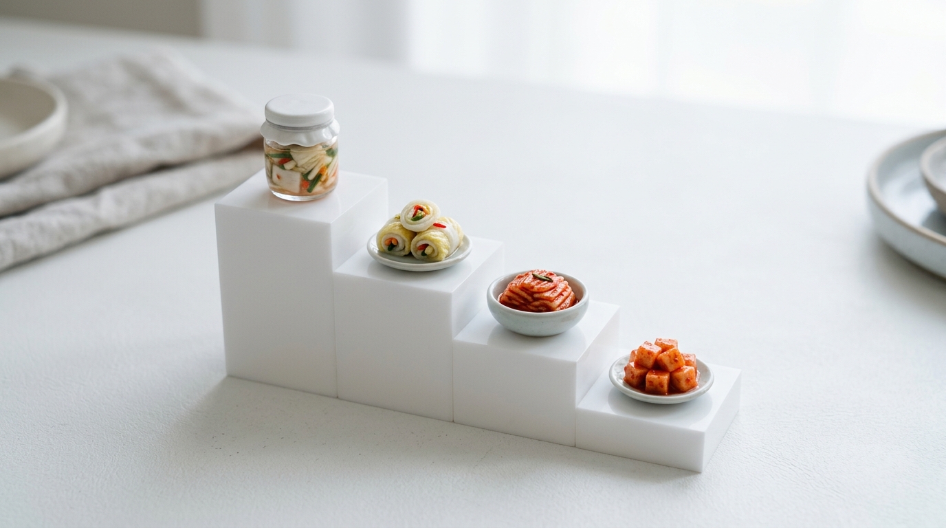 물김치 80.6%에서 깍두기 56.9%까지 내려가는 무첨가율 계단 그래프와 각 김치 유형 아이콘