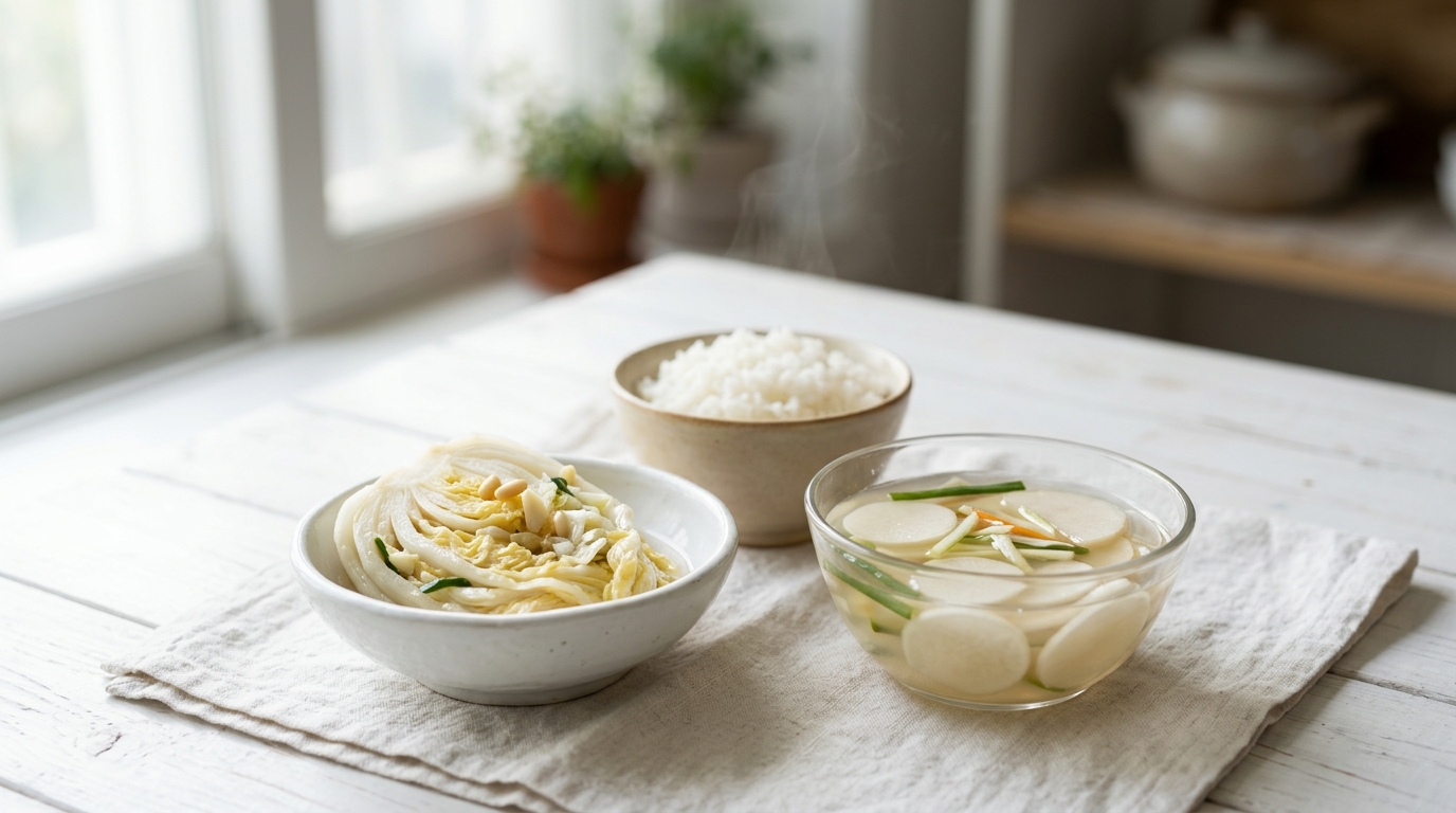 밝은 식탁 위에 백김치 한 보시기와 물김치 한 그릇이 나란히 놓이고 옆에 김이 오르는 아기 밥그릇이 함께 배치된 모습