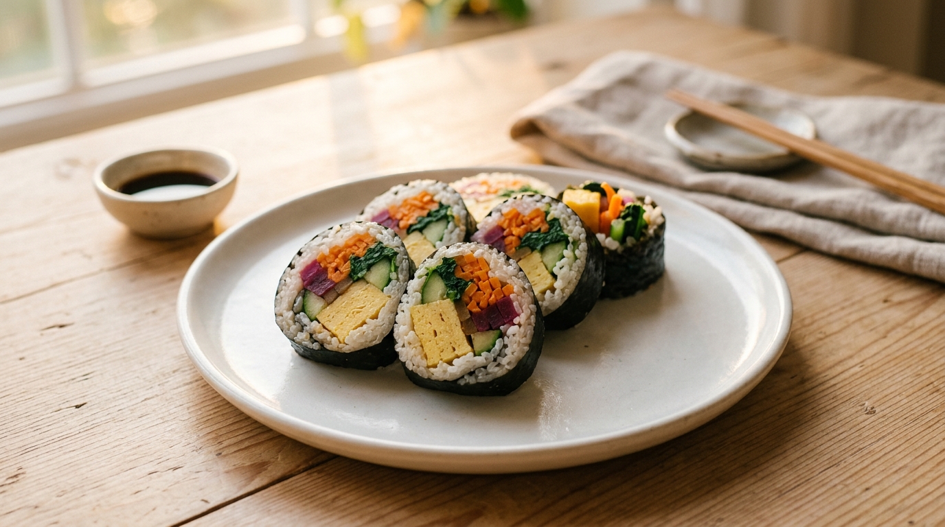 아이 도시락용 김밥 단면이 보이는 접시 — 계란 지단과 오이가 풍성하게 들어간 따뜻한 톤의 음식 사진