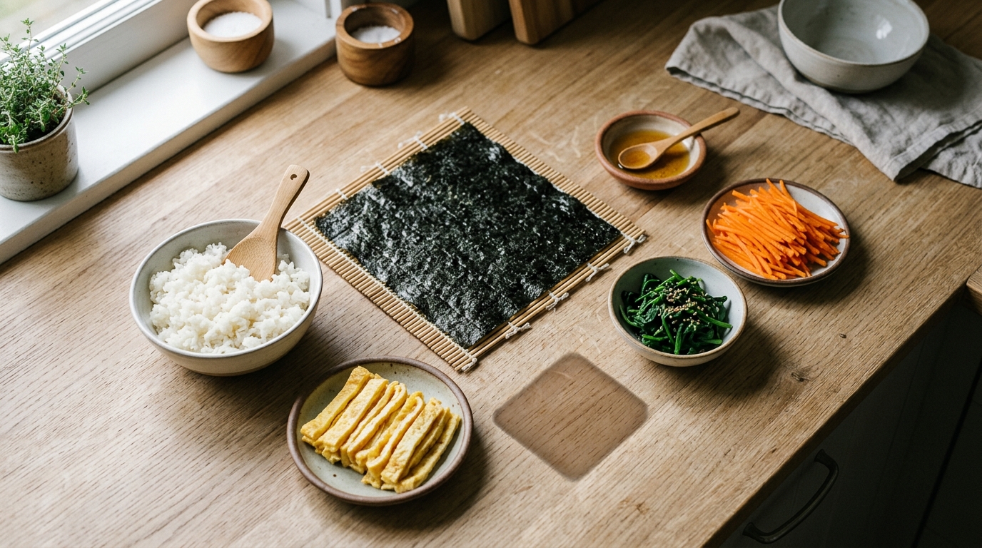 김밥 재료들이 펼쳐진 주방 조리대, 단무지 자리만 비어 있는 구도