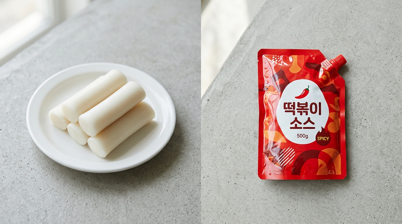 떡볶이떡과 소스를 나란히 놓고 원재료 구성을 비교한 사진