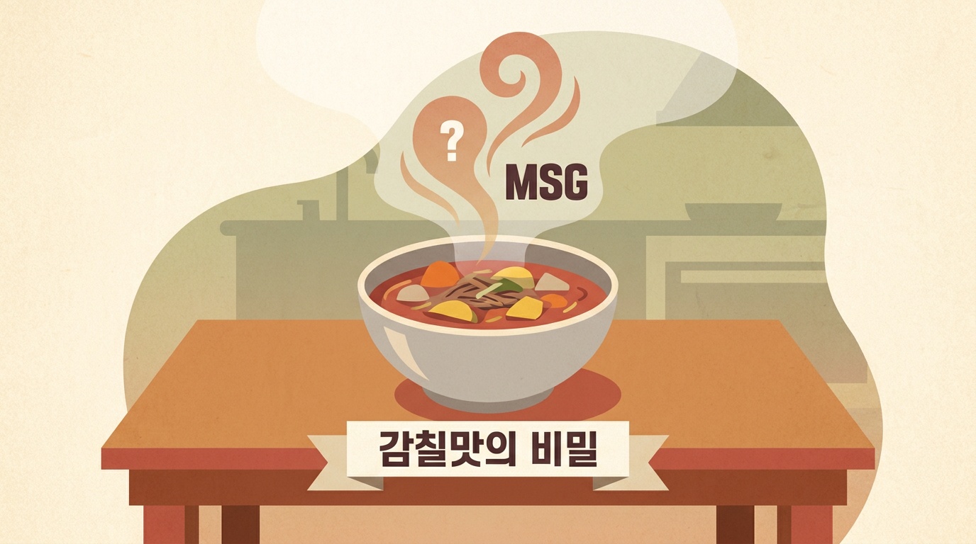 김이 나는 국물 한 그릇 위에 MSG 물음표