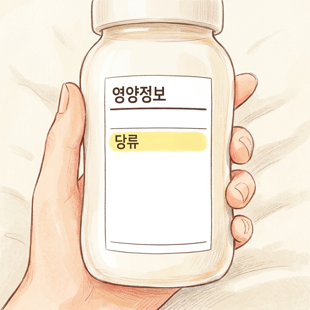 음료 제품 뒷면에서 당류 표시를 확인하는 모습