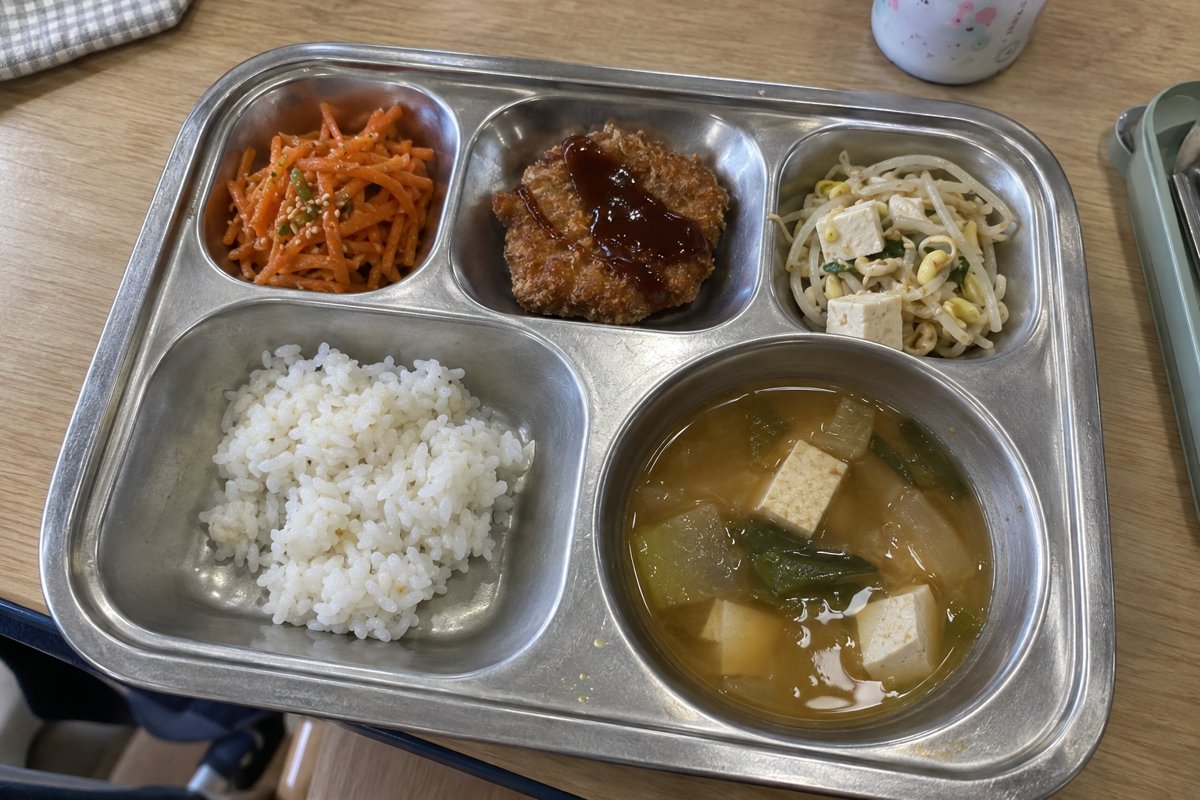 5칸 스테인리스 식판에 담긴 학교 급식 — 밥·두부된장국·돈가스·당근무침·숙주두부무침